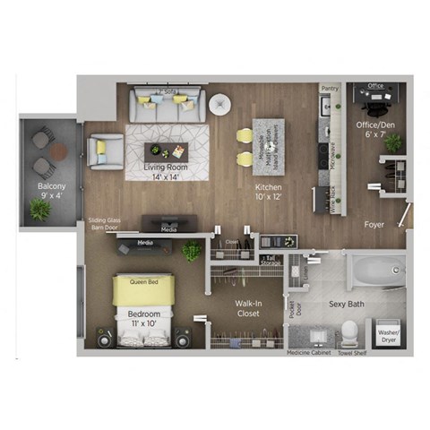 Floor plan for 1 bed, 1 bath, 755 sqft
